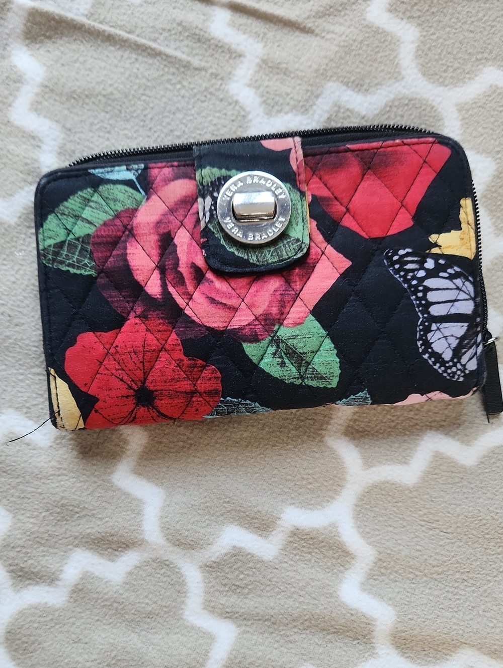Vera Bradley Quilted Floral Zip Wallet with Butterfly Accent in Black and Red